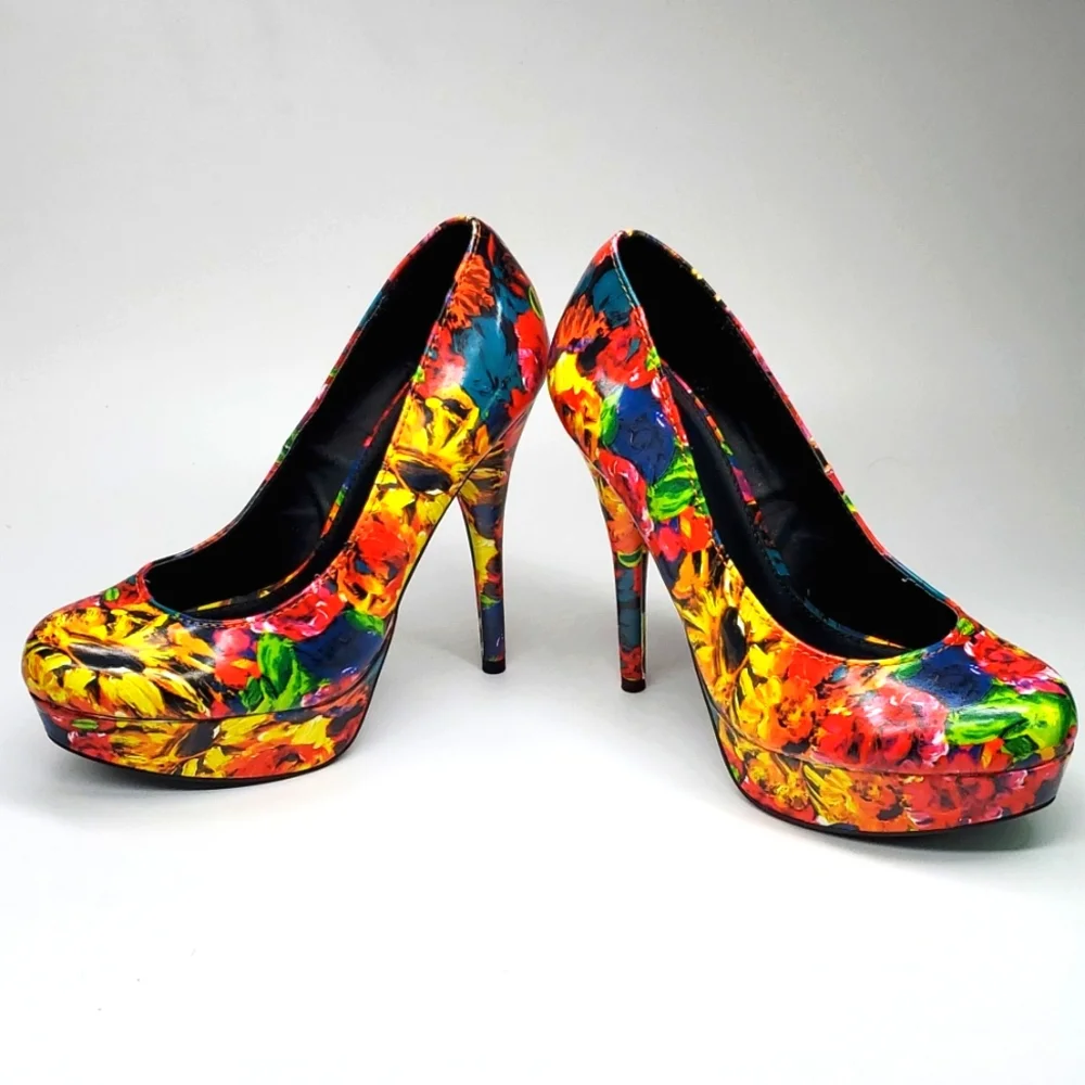 Wild Pair Dayton Multi Color Floral Platform Stilettos 7